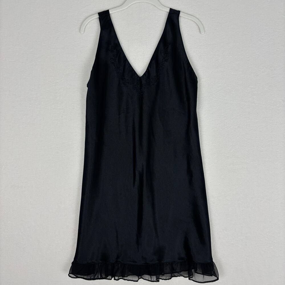 Inner Most Black Satin Embroidered V-Neck Ruffle Hem Slip Dress Nightgown Medium